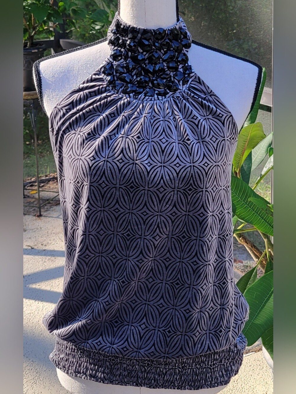 Bebe Y2K Jeweled Halter Top S Black Gray Rhinestone Beaded Smocked Party